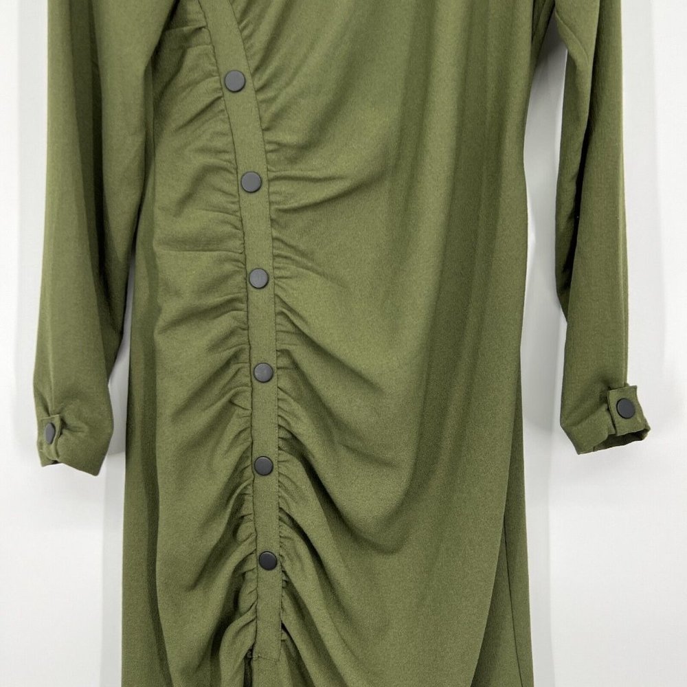 Zara Dress Green Button Front Crepe Long Sleeve Draped Midi - Picture 4 of 11